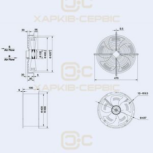 Осьовий вентилятор Weiguang YWF4D-400S-102/47-G (трифазний) 380V 1380/1520rpm 3400 м3/год