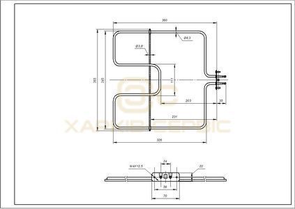 Тен нижній для духовки Ardo 524012200 1600W 230V B=345mm L=360mm